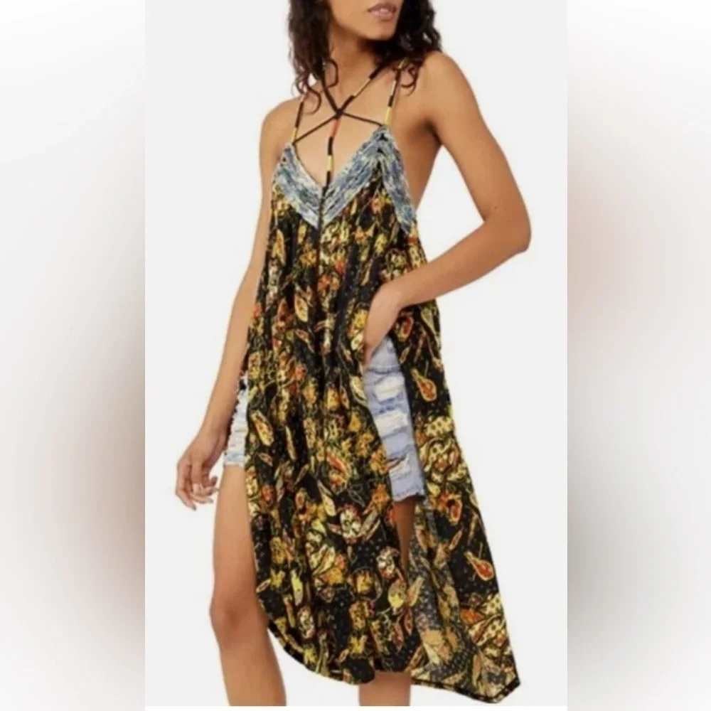 Free People Bohemian Garden Party Cotton Blend Knit Dress In Black Combo S L G#3 - Picture 3 of 16